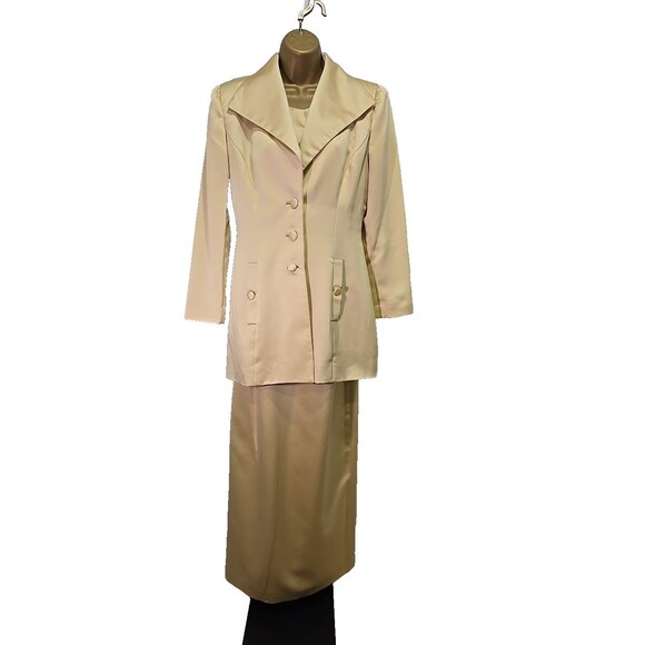 Vintage Rimini Satin Two Piece Maxi Formal Womens 6 Long Jacket Champagne Beige - Picture 1 of 9